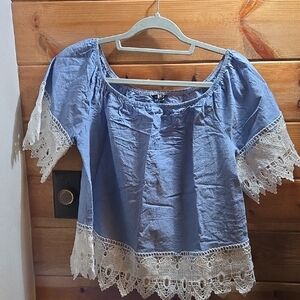 Unique Spectrum Large Blue Blouse with White Lace Trim
